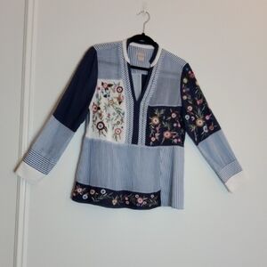 Chico's Blue and White Striped Flower Embroidered V Neck Shirt